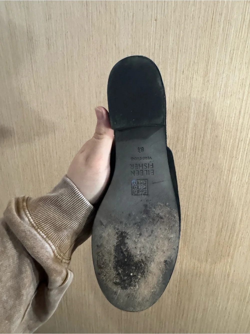 Women Eileen Fisher Black Real Leather Suede Small Heeled Slip-On Flat Size 8.5